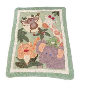 Nojo Safari Jungle Plush Green Quilt Baby Blanket Monkey Elephant Tiger Giraffe